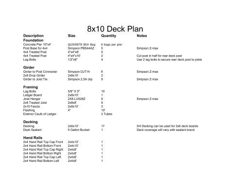 8x10 Deck Plan - Pergola Plans