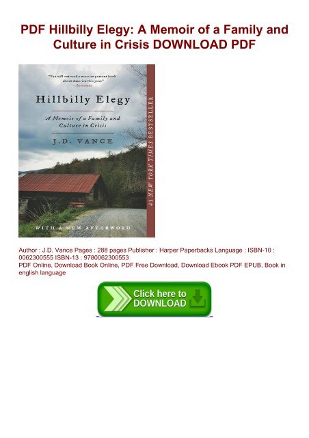 Hillbilly Elegy A Memoir Of A Family And Culture In Crisis Download Free Ebook