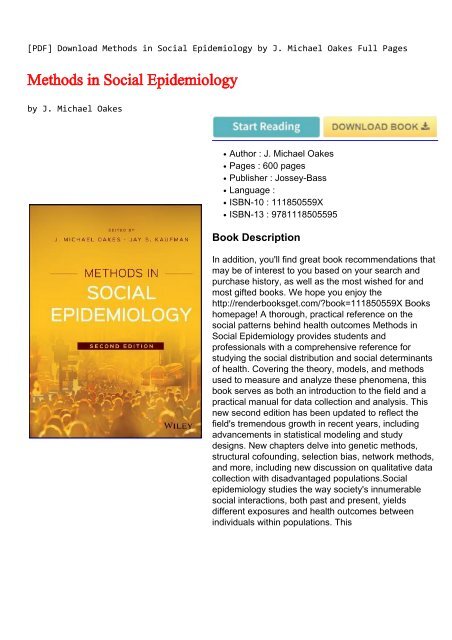 [PDF] Download Methods in Social Epidemiology by J. Michael Oakes Full Pages 