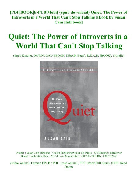 Epub Download Quiet The Power Of Introverts In A World That Can