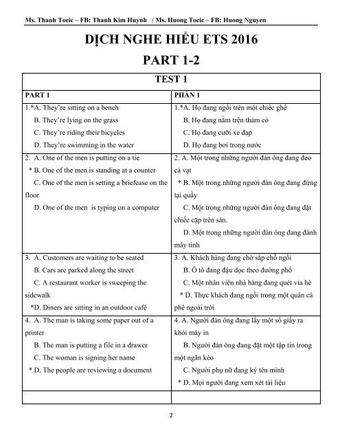 DỊCH SONG NGỮ NGHE HIỂU ETS TOEIC 2016 - PART 1234
