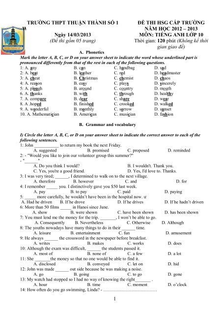 Tuyển tập 353 đề thi học sinh giỏi môn Tiếng Anh lớp 6,7,8,9,10,11,12 (có đáp án)