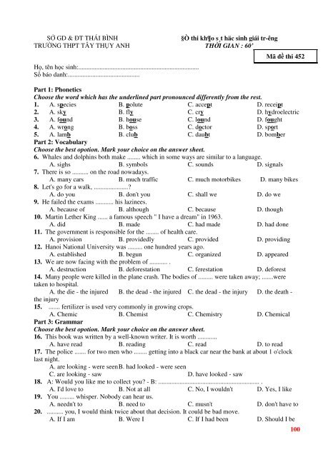 Tuyển tập 353 đề thi học sinh giỏi môn Tiếng Anh lớp 6,7,8,9,10,11,12 (có đáp án)