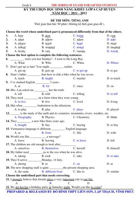 Tuyển tập 353 đề thi học sinh giỏi môn Tiếng Anh lớp 6,7,8,9,10,11,12 (có đáp án)