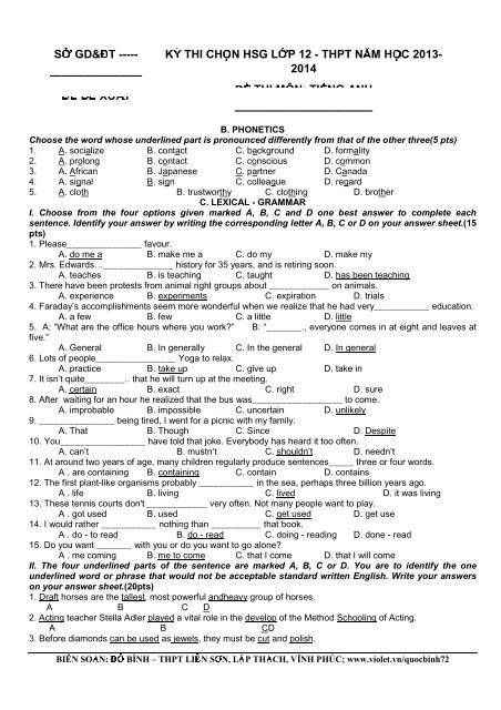 Tuyển tập 353 đề thi học sinh giỏi môn Tiếng Anh lớp 6,7,8,9,10,11,12 (có đáp án)