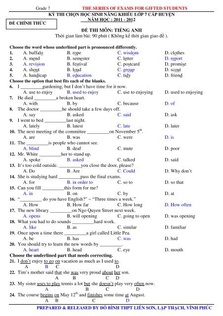 Tuyển tập 353 đề thi học sinh giỏi môn Tiếng Anh lớp 6,7,8,9,10,11,12 (có đáp án)