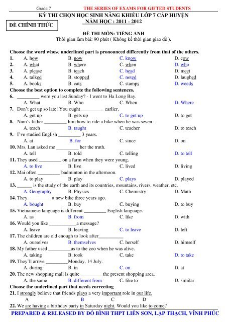 Tuyển tập 353 đề thi học sinh giỏi môn Tiếng Anh lớp 6,7,8,9,10,11,12 (có đáp án)