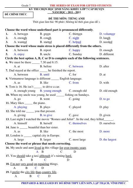 Tuyển tập 353 đề thi học sinh giỏi môn Tiếng Anh lớp 6,7,8,9,10,11,12 (có đáp án)