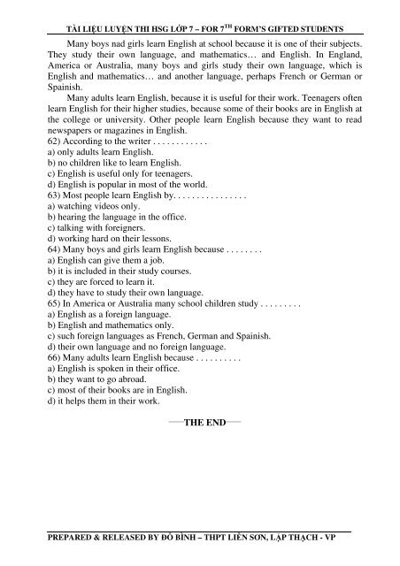 Tuyển tập 353 đề thi học sinh giỏi môn Tiếng Anh lớp 6,7,8,9,10,11,12 (có đáp án)