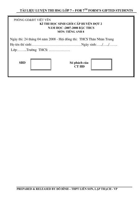 Tuyển tập 353 đề thi học sinh giỏi môn Tiếng Anh lớp 6,7,8,9,10,11,12 (có đáp án)