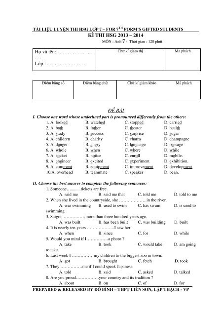 Tuyển tập 353 đề thi học sinh giỏi môn Tiếng Anh lớp 6,7,8,9,10,11,12 (có đáp án)