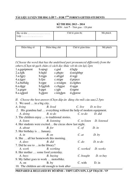 Tuyển tập 353 đề thi học sinh giỏi môn Tiếng Anh lớp 6,7,8,9,10,11,12 (có đáp án)