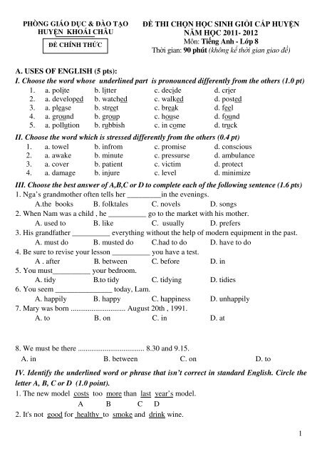 Tuyển tập 353 đề thi học sinh giỏi môn Tiếng Anh lớp 6,7,8,9,10,11,12 (có đáp án)