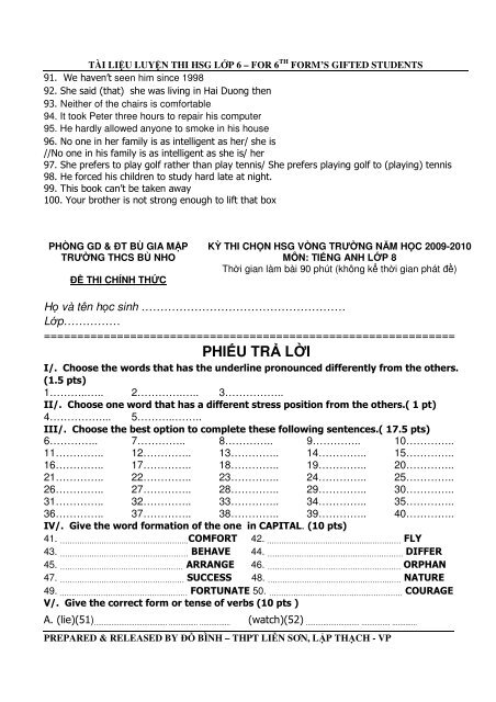 Tuyển tập 353 đề thi học sinh giỏi môn Tiếng Anh lớp 6,7,8,9,10,11,12 (có đáp án)