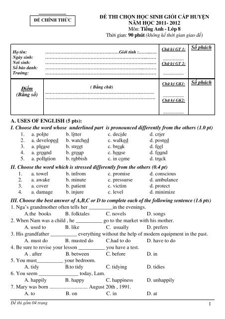 Tuyển tập 353 đề thi học sinh giỏi môn Tiếng Anh lớp 6,7,8,9,10,11,12 (có đáp án)