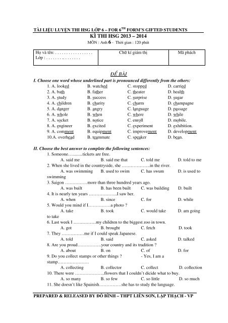 Tuyển tập 353 đề thi học sinh giỏi môn Tiếng Anh lớp 6,7,8,9,10,11,12 (có đáp án)