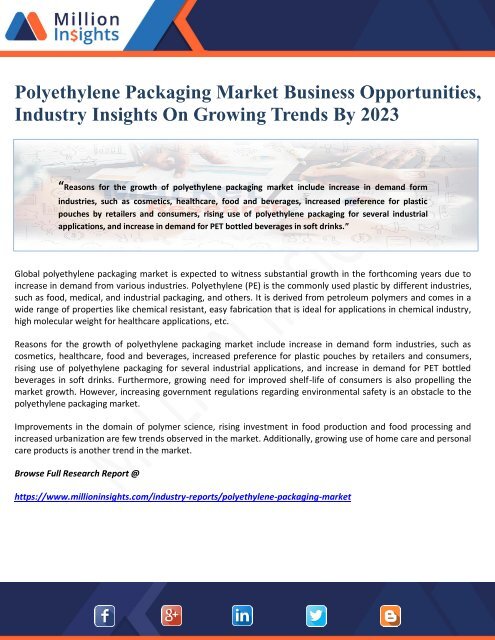 Polyethylene Packaging Market Business Opportunities, Industry Insights On Growing Trends By 2023
