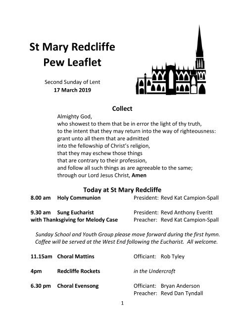 St Mary Redcliffe Church Pew leaflet, March 17 2019