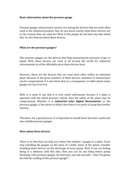 Basic information about the pressure gauge