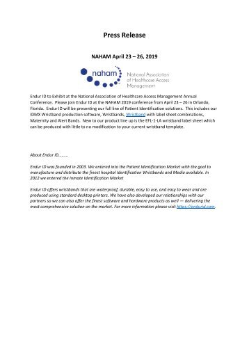 NAHAM April 23 – 26, 2019 Press Release