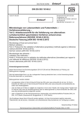 [DIN EN ISO 16140-2 Entwurf_2013-01] -- Mikrobiologie von Lebensmitteln und Futtermitteln - Verfahrensvalidierung - Teil 2_ Arbeitsvorschrift für die Validierung von alternativen (urheberrec