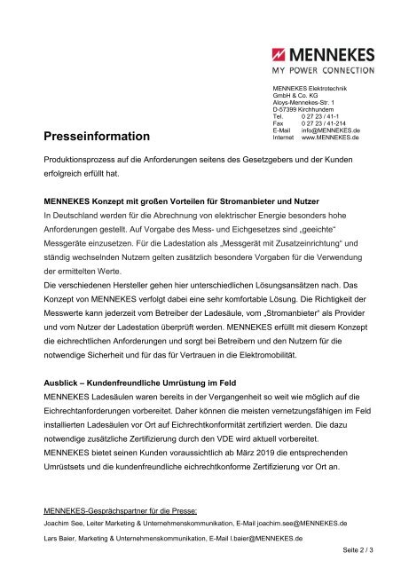 PM Eichrecht MENNEKES Presseinformation EV