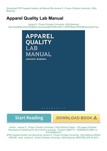 [PDF] Apparel Quality Lab Manual by Janace E. (Texas Christian University, USA) Bubonia READ ONLINE