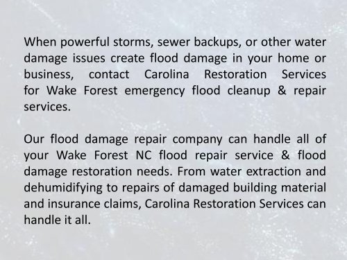 Flood Damage Restoration &amp; Clean Up Services in Wake Forest NC