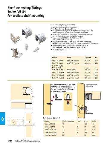 Shelf connecting fittings Toolex VB 54 for toolless shelf ... - Hettich