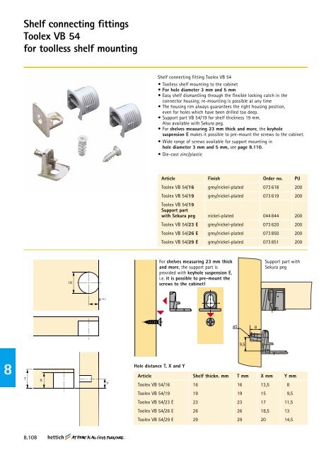 Shelf connecting fittings Toolex VB 54 for toolless shelf ... - Hettich