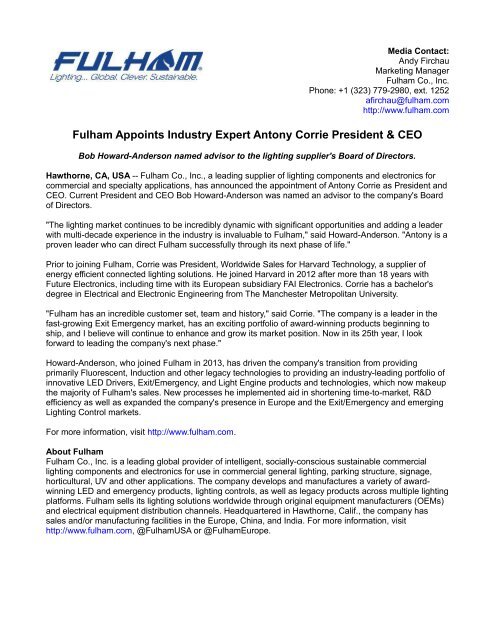 Fulham Appoints Industry Expert Antony, Portfolio Lighting Company Phone Number