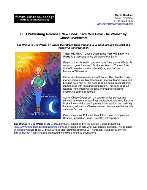 FED Publishing Releases New Book, "You Will Save The World" by Chase Overstreet