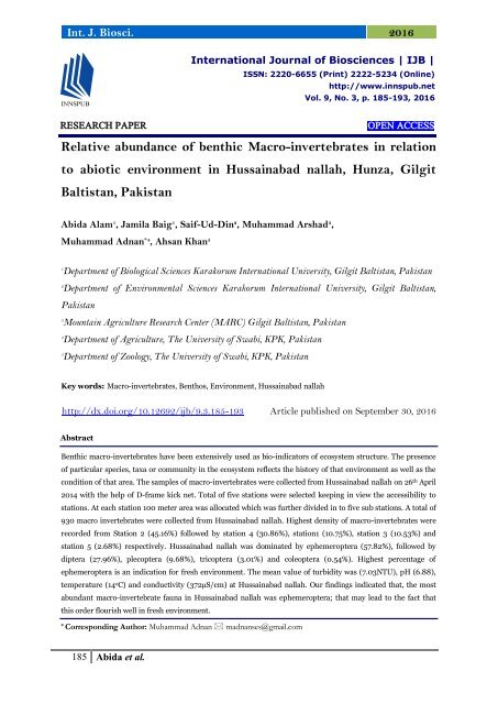 Relative abundance of benthic Macro-invertebrates in relation to abiotic environment in Hussainabad nallah, Hunza, Gilgit Baltistan, Pakistan