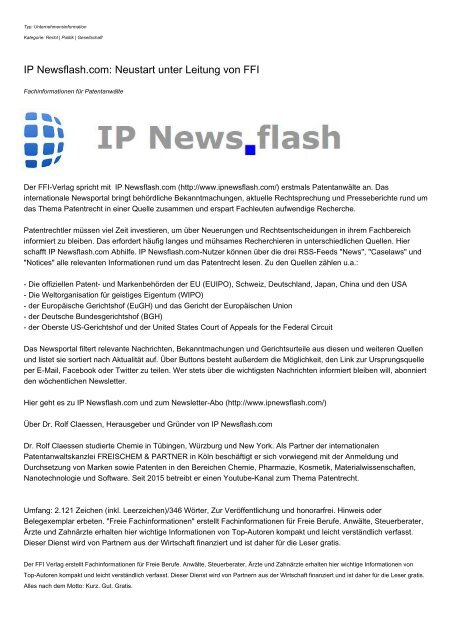 IP Newsflash.com: Neustart unter Leitung von FFI