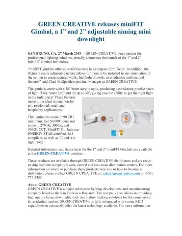 GREEN CREATIVE releases miniFIT Gimbal, a 1” and 2” adjustable aiming mini downlight