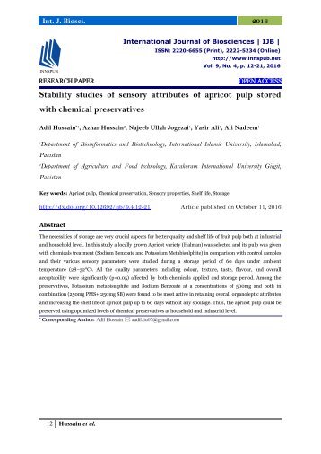 Stability studies of sensory attributes of apricot pulp stored with chemical preservatives