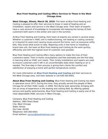 Blue Frost Heating and Cooling Offers Services to Those in the West Chicago Area