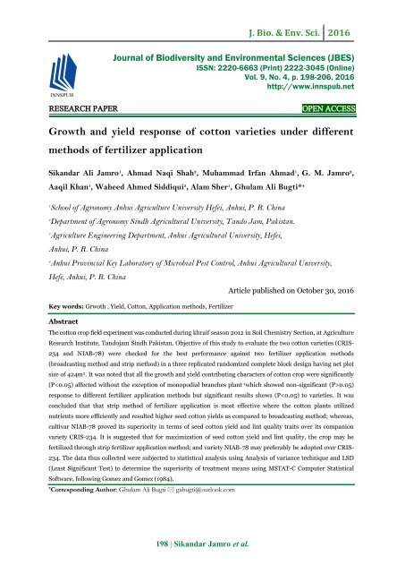 Growth and yield response of cotton varieties under different methods of fertilizer application