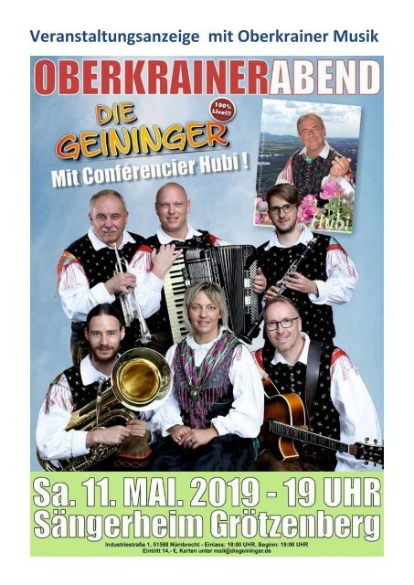 Veranstaltungen 2019 mit Oberkrainermusik