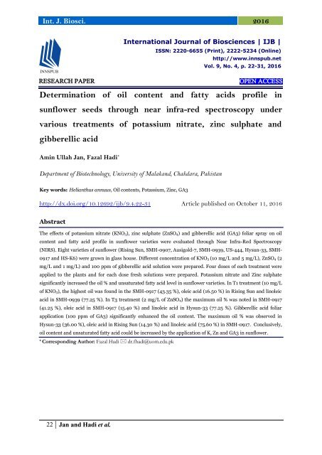 Determination of oil content and fatty acids profile in sunflower seeds through near infra-red spectroscopy under various treatments of potassium nitrate, zinc sulphate and gibberellic acid