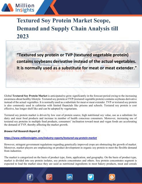 Textured Soy Protein Market Scope, Demand and Supply Chain Analysis till 2023