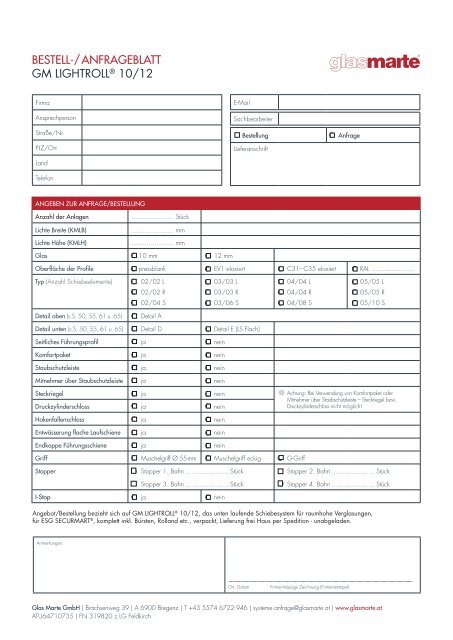 GM LIGHTROLL 10/12 - Bestell- und Anfrageformular