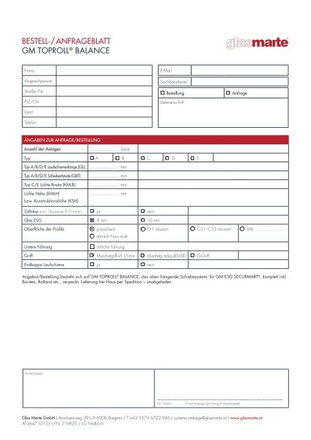 GM TOPROLL BALANCE - Bestell- und Anfrageformular