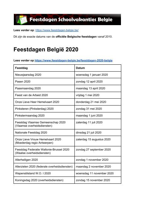 Feestdagen Belgie - Exacte datums op kalender