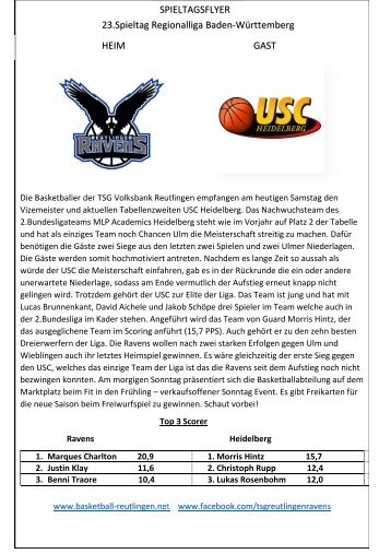 Basketball RAvens Reutlingen vs. USC Heidelberg