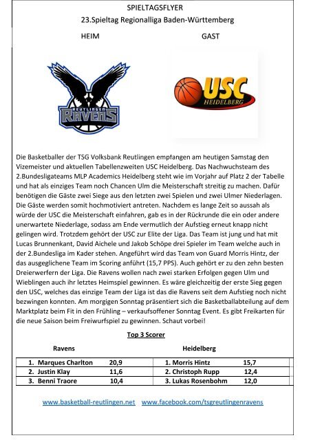Basketball RAvens Reutlingen vs. USC Heidelberg