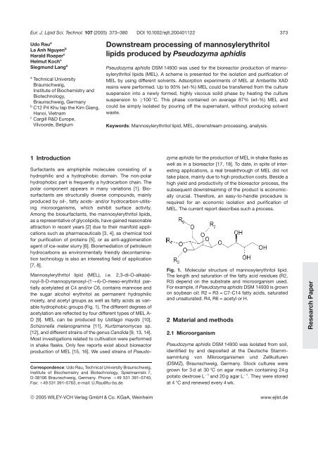 Downstream processing of mannosylerythritol lipids produced by ...