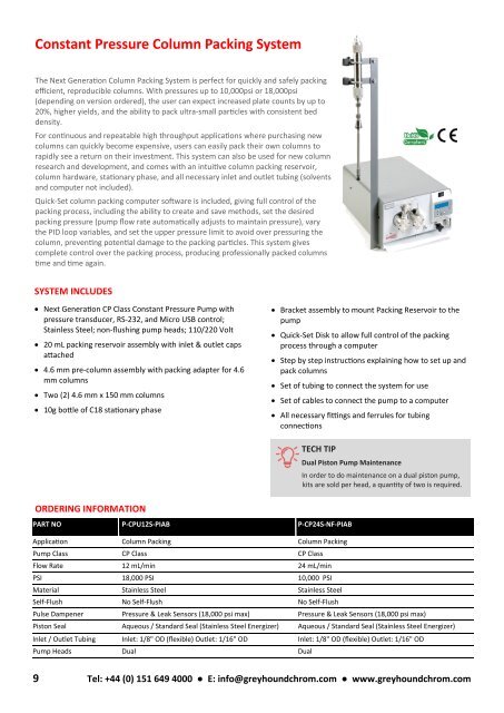 Greyhound Chromatography HPLC PUMPS CATALOGUE 2019 