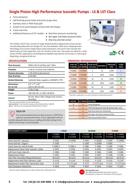 Greyhound Chromatography HPLC PUMPS CATALOGUE 2019 