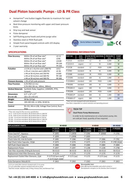 Greyhound Chromatography HPLC PUMPS CATALOGUE 2019 